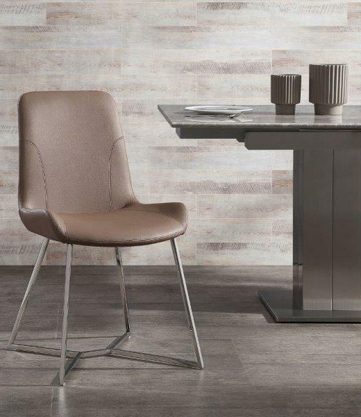 taupe faux leather and stainless steel dining room chair by square table