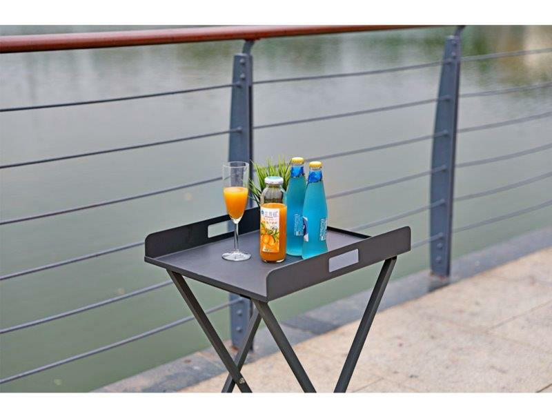 aluminum outdoor side table with drinks on it