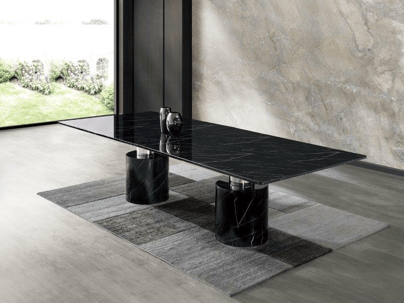 black marble and stainless steel dining table