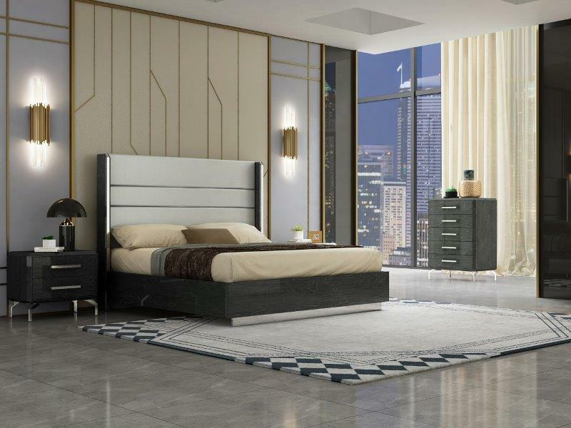 modern bedroom with queen bed and grey furniture