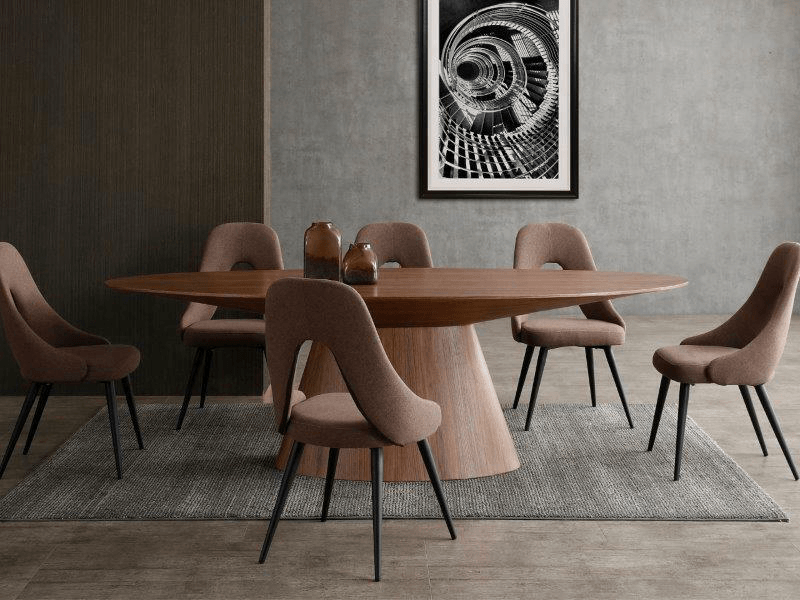 round oak veneer dining table with two dining chairs